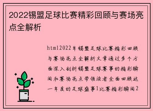 2022锡盟足球比赛精彩回顾与赛场亮点全解析
