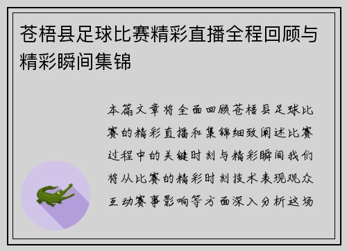 苍梧县足球比赛精彩直播全程回顾与精彩瞬间集锦