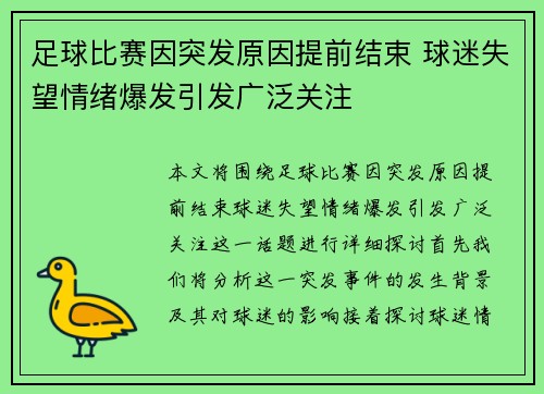 足球比赛因突发原因提前结束 球迷失望情绪爆发引发广泛关注