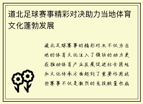道北足球赛事精彩对决助力当地体育文化蓬勃发展