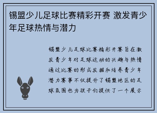 锡盟少儿足球比赛精彩开赛 激发青少年足球热情与潜力