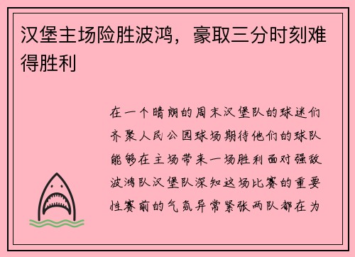 汉堡主场险胜波鸿，豪取三分时刻难得胜利