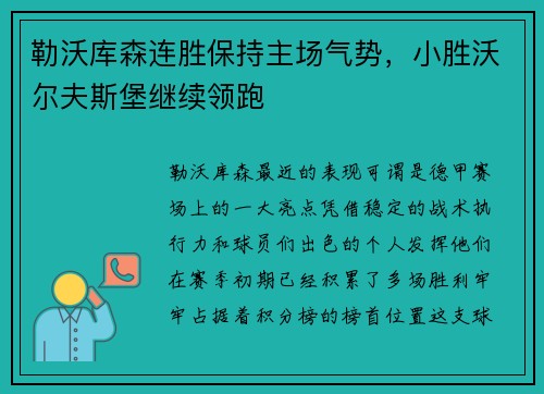 勒沃库森连胜保持主场气势，小胜沃尔夫斯堡继续领跑