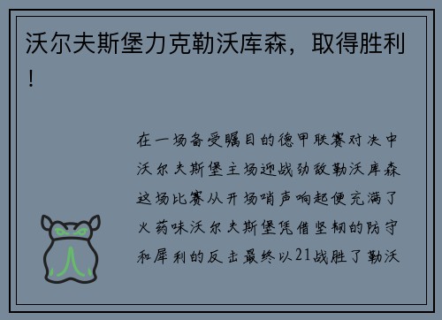 沃尔夫斯堡力克勒沃库森，取得胜利！