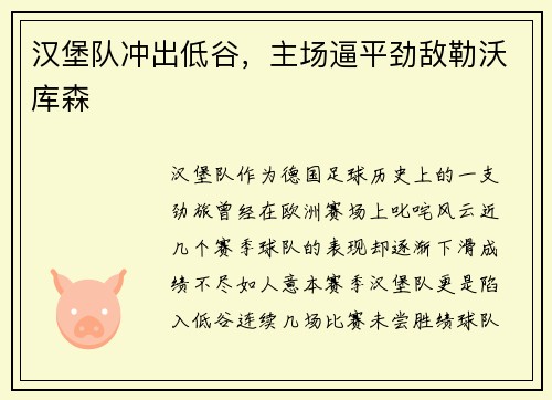 汉堡队冲出低谷，主场逼平劲敌勒沃库森