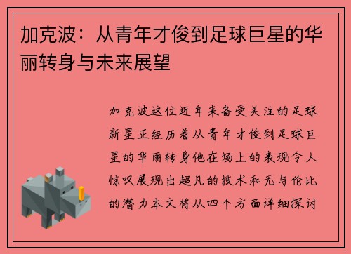 加克波：从青年才俊到足球巨星的华丽转身与未来展望