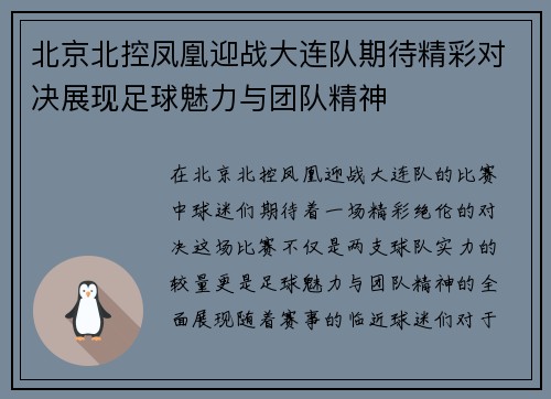 北京北控凤凰迎战大连队期待精彩对决展现足球魅力与团队精神