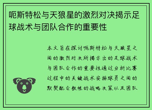 呃斯特松与天狼星的激烈对决揭示足球战术与团队合作的重要性