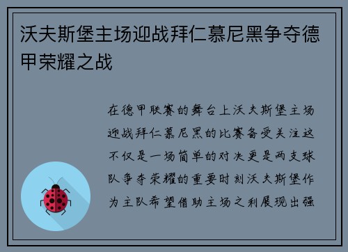 沃夫斯堡主场迎战拜仁慕尼黑争夺德甲荣耀之战