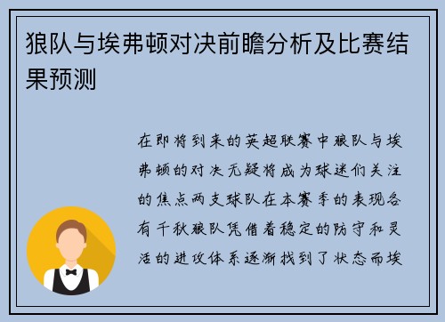 狼队与埃弗顿对决前瞻分析及比赛结果预测