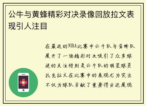 公牛与黄蜂精彩对决录像回放拉文表现引人注目