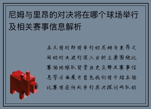 尼姆与里昂的对决将在哪个球场举行及相关赛事信息解析