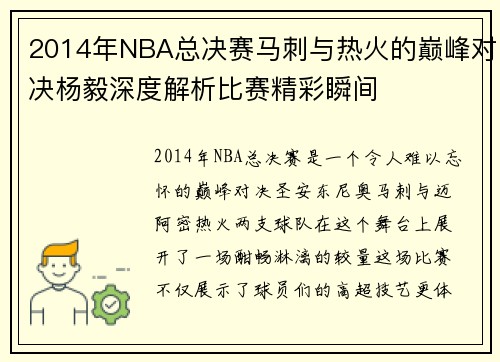 2014年NBA总决赛马刺与热火的巅峰对决杨毅深度解析比赛精彩瞬间