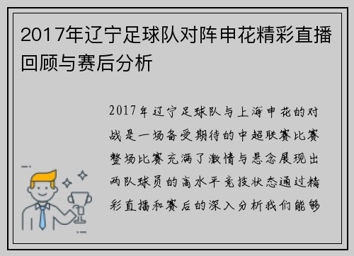 2017年辽宁足球队对阵申花精彩直播回顾与赛后分析