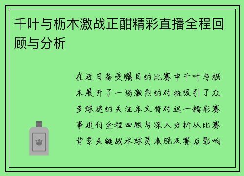 千叶与枥木激战正酣精彩直播全程回顾与分析