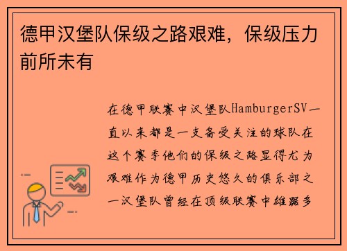 德甲汉堡队保级之路艰难，保级压力前所未有