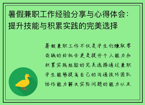暑假兼职工作经验分享与心得体会：提升技能与积累实践的完美选择