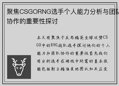 聚焦CSGORNG选手个人能力分析与团队协作的重要性探讨