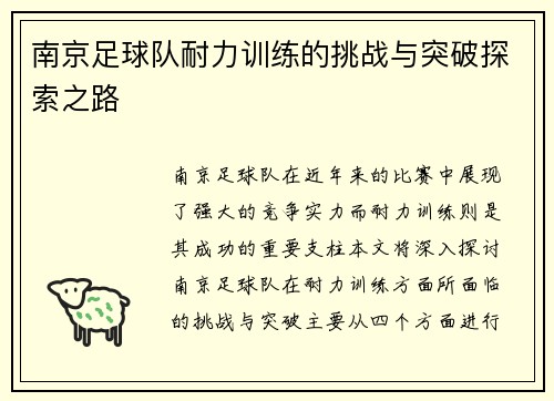 南京足球队耐力训练的挑战与突破探索之路