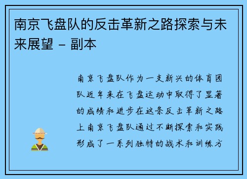 南京飞盘队的反击革新之路探索与未来展望 - 副本